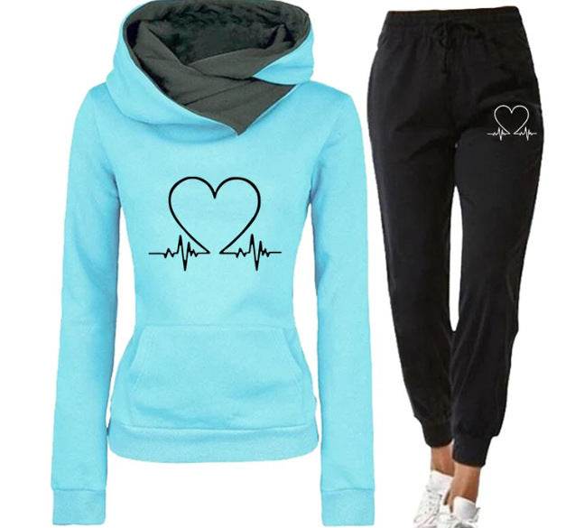 Love Heart Printed Sports Suit Hooded Sweatshirt Top And Drawstring Pants Fashion Casual Clothing For Women - Velora