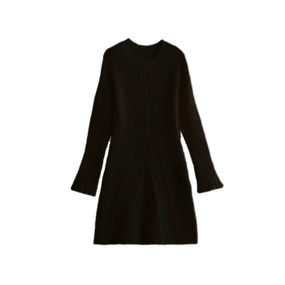 Fashion Solid Ribbed Knitted Dress Fall And Winter Slim-fit Stand-up Collar A-line Dresses Women's Clothing - Velora