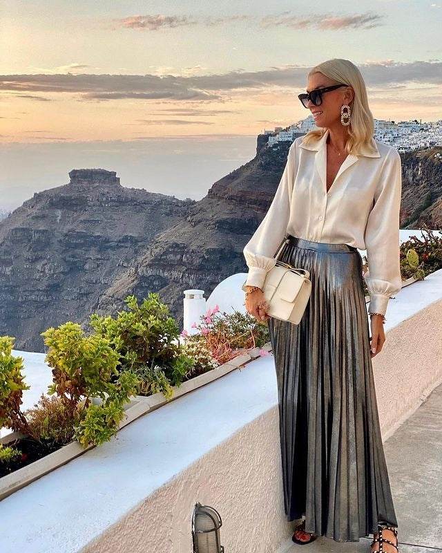 Satin Long Sleeve Shirt & Glossy pleated maxi Skirt 2pcs - Velora