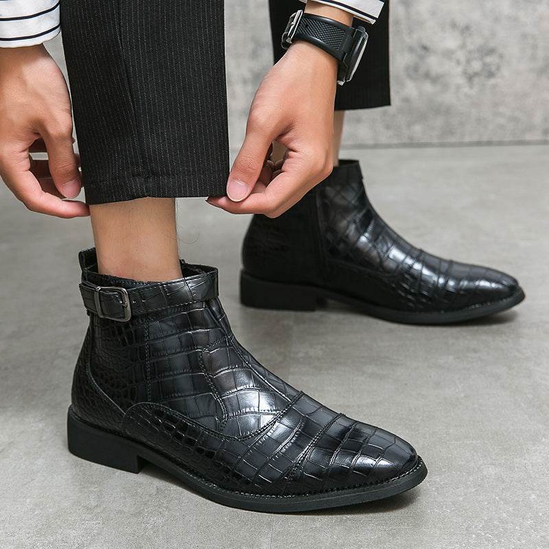 Men's Crocodile Pattern Boots Fashion Pointed Toe Low Square Heel Buckle Zipper Ankle Boots Business Formal Leather Shoes - Velora