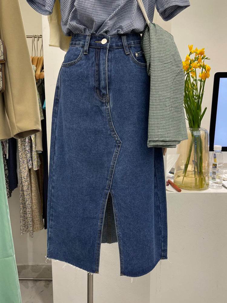 Casual Front Slit Dark Blue and Light Blue Denim Midi Skirt for women - Velora