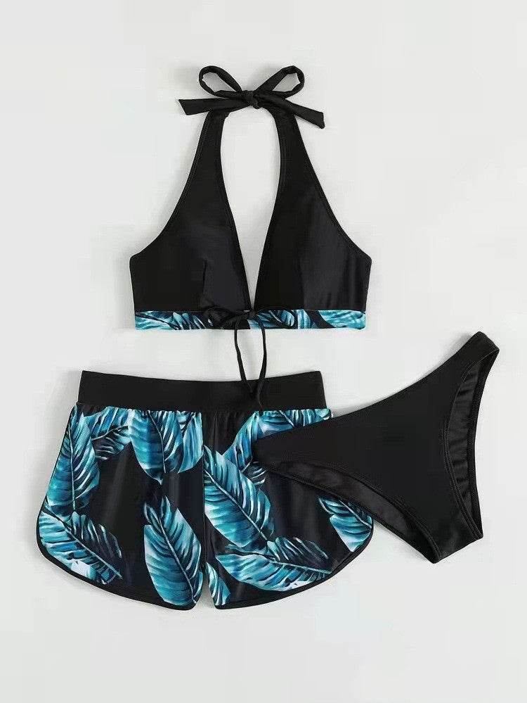 3pcs Leaf Print Bikini With Shorts Fashion Summer Beach Swimsuit Womens Clothing - Velora