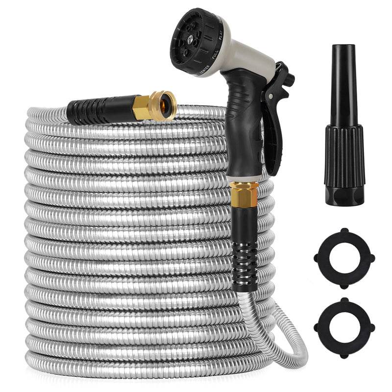 Metal Garden Hose, 100ft Stainless Steel Flexible Water Hose With 10 Adjustable Patterns Spray Nozzle, Heavy Duty Water Pipe , Kink Free , 2 Nozzles - Velora