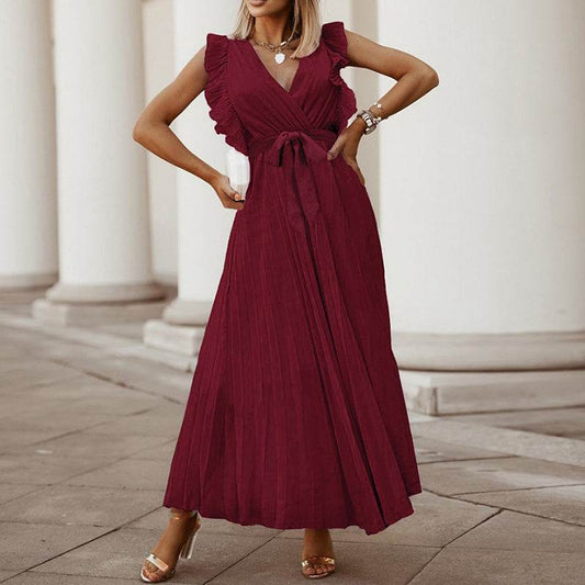 Maxi Dresses For Women - Elegant V Neck Ruffled Sleeves Empire Waist Pleated Flowy Dress - Velora