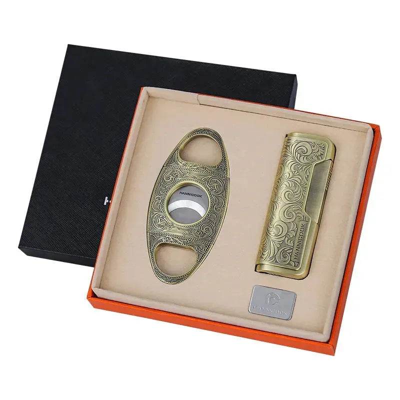 Embossed Portable Metal Alloy Cigar Cutter and Torch Lighter Gift box set - Velora