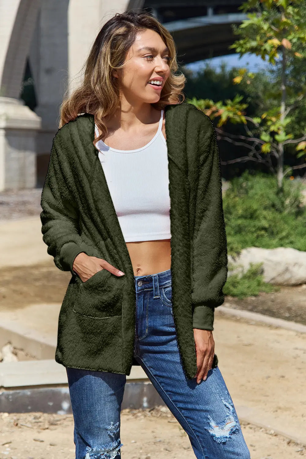 Full Size Teddy Hooded Jacket with Pockets - Velora