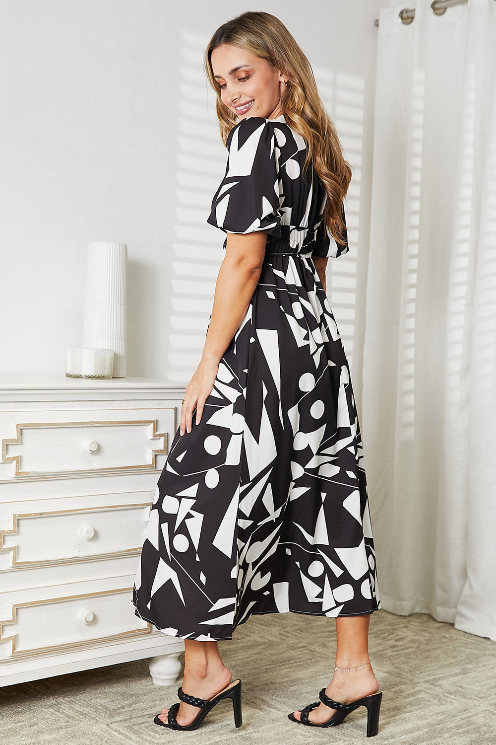 Printed Surplice Balloon Sleeve Dress - Velora