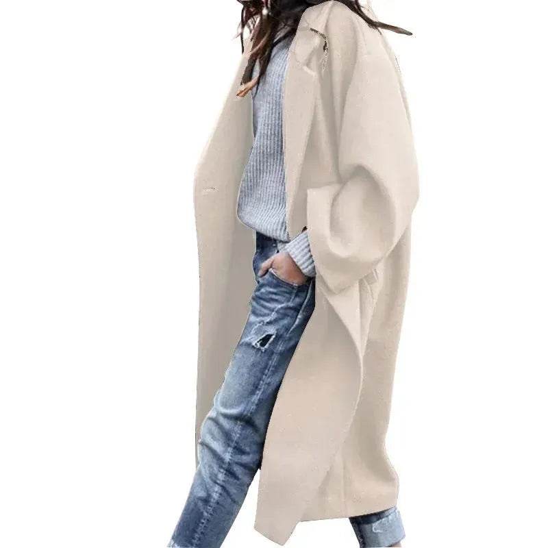 Lapel Single Breasted Women Winter Solid Woolen Trench Coat Long Jacket - Velora