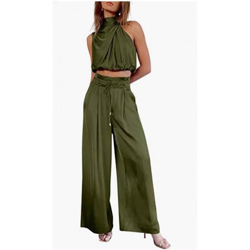 Summer Suits Casual Sleeveless Midriff-baring Top And Wide Leg Pants 2pcs Set Womens Clothing - Velora