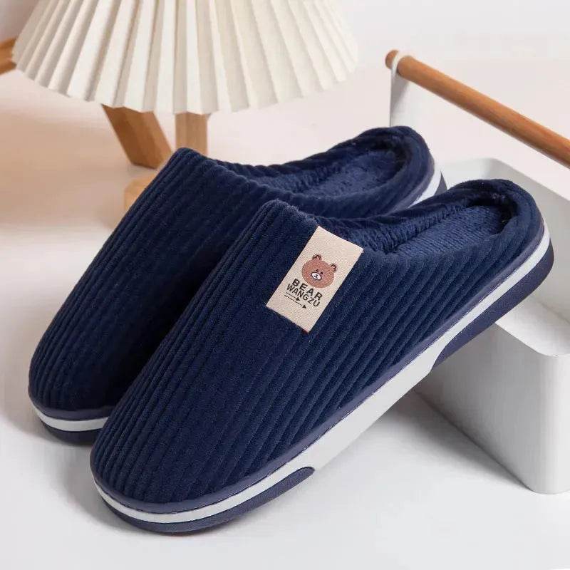 Solid Color Striped Slippers For Women Thick-soled Anti-slip Indoor Warm Plush Home Shoes Couple Women Men Slipper Winter - Velora
