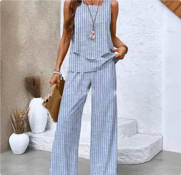 Print Suits Sleeveless Double-layer Vest And Loose Straight Pants Womens Clothing - Velora