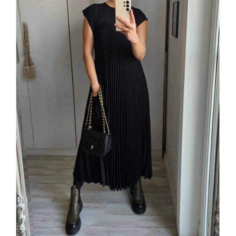 Short Sleeve Pleated Long Dress Summer Round Neck Dress Women's Clothing - Velora