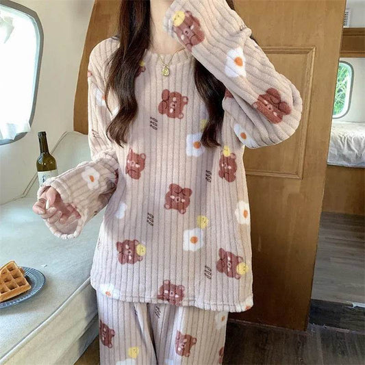 2pcs Women's Fall Winter Warm Pajamas Sets Coral Long Sleeve Cute Cartoon Bear Sleepwear Nightclothes - Velora