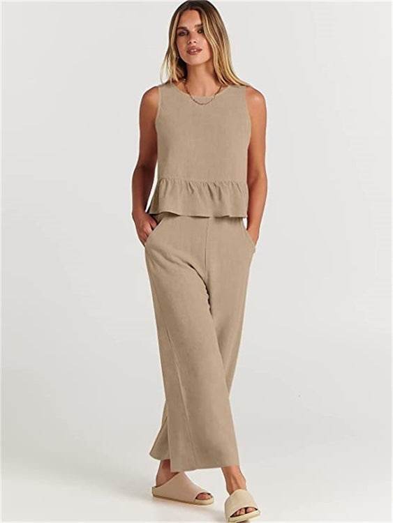Casual Suit Summer Sleeveless Pleated Vest And Wide-leg Cropped Pants Fashion Two Piece Sets Women - Velora