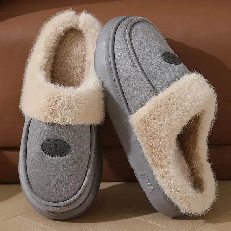 Winter Plush Slippers For Men Casual All-match Warm Suede House Shoes Indoor Non-slip Floor Bedroom Slipper - Velora