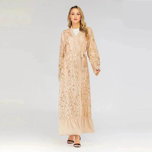 Champagne Sequined Abaya Dress for Dubai Turkey Women Dubai Abaya Kimono - Velora