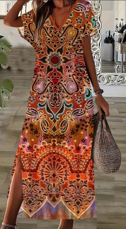 Spring Summer Boho-Chic Plus Size Floral Print Dress Side Slit maxi dress - Velora