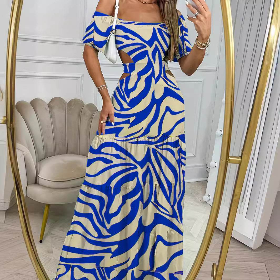 Printed One-line Collar Short-sleeved Long Dress With Hollow Waist Design Summer Vacation Dresses For Women Clothing - Velora