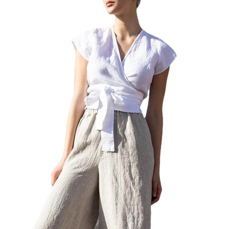Casual Summer Lace-up Cotton Linen V-neck Top Short-sleeved blouse top women - Velora