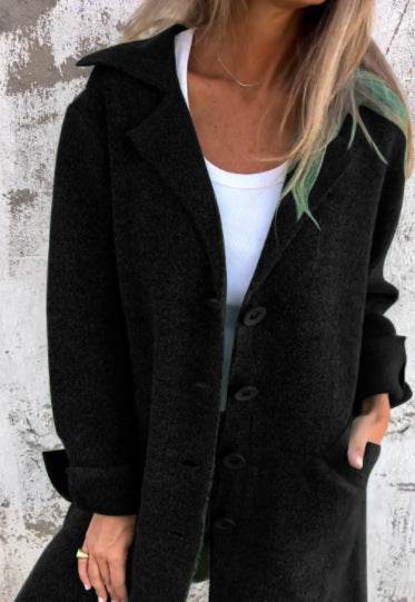Lapel Single Breasted Cardigan With Pockets Fashion Color Solid Mid-Length Outwear Coat Womens Clothing - Velora