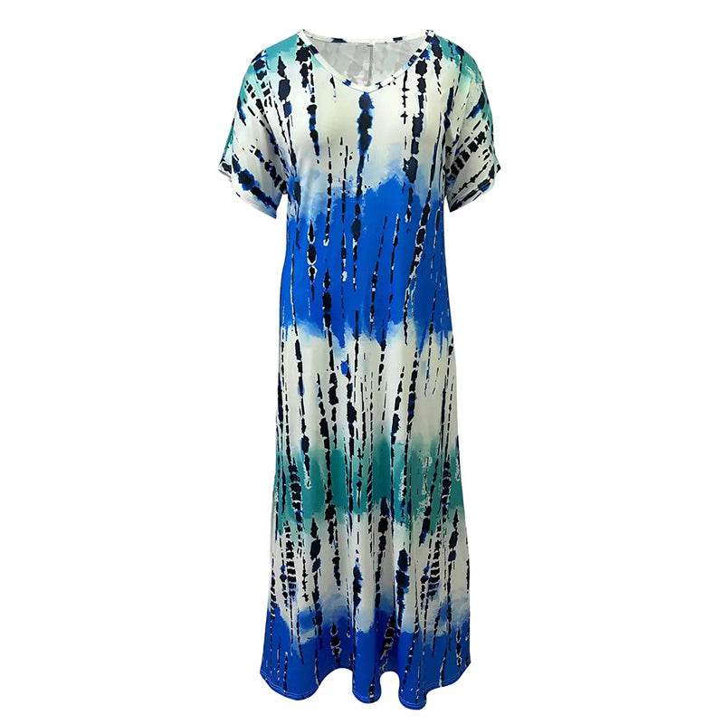 Women's Summer Tie Dye Maxi Dress Short Sleeve V Neck Casual Loose Long Split Dresses - Velora