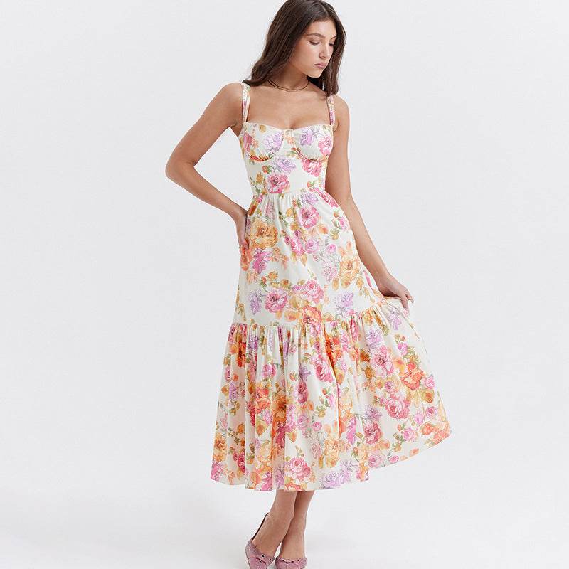 Spring And Summer Comely Pastoral Style Sling Floral A Swing Cake Dress - Velora