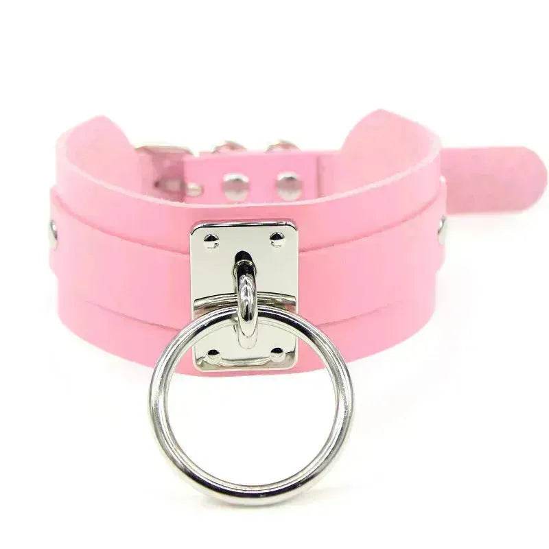 Gothic Punk Wide PU Leather O Ring BDSM Collar Choker Necklace Women Bondage Collar - Velora