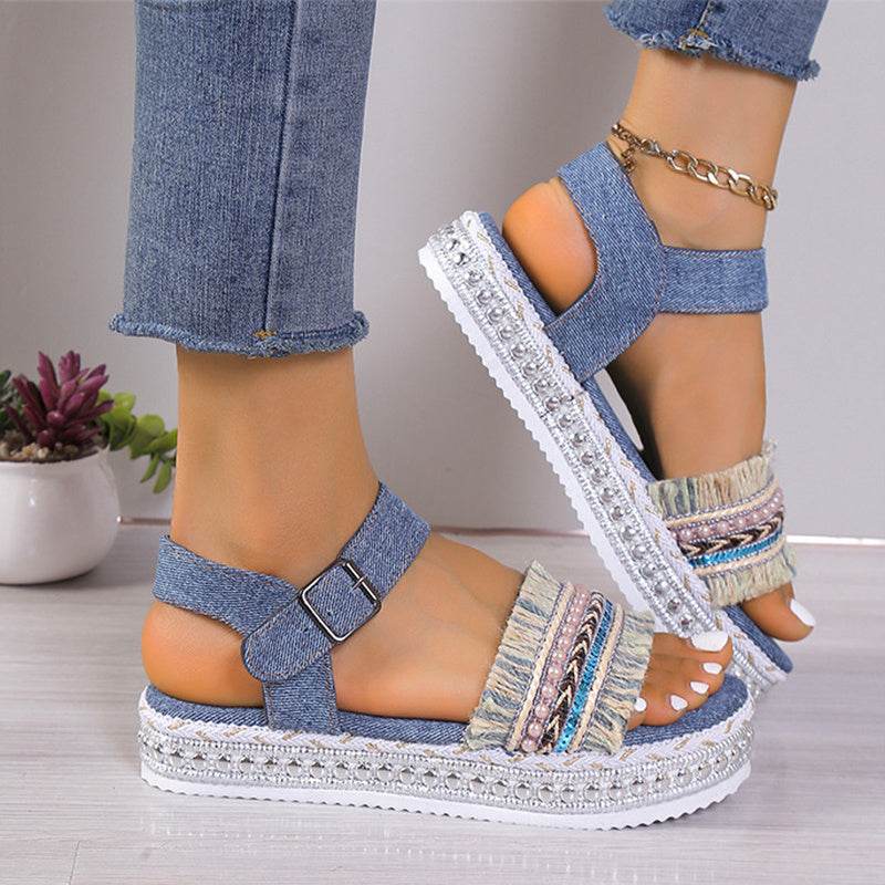 Fashion Tassel Denim Sandals With Thick-soled Flat Heel New Summer Hemp Rope Sole Ethnic Style Shoes For Women - Velora