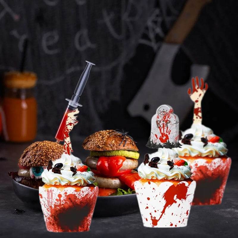 48Pcs Halloween Cupcake Toppers Wrappers Rip Kit Bloody Zombie Hand Cupcake Pick Decorations For Halloween Horror Movie Bloody Theme Birthday Party Cake Decorations Supplies - Velora
