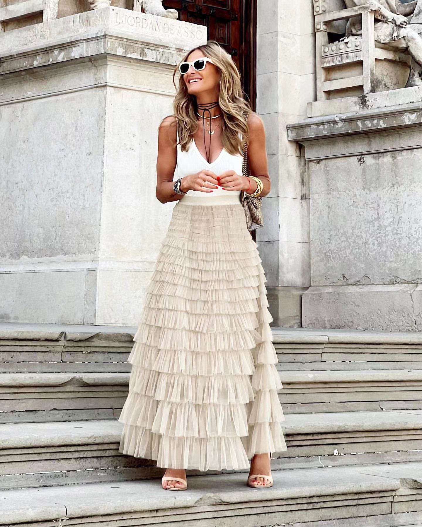Layered Ruffles Cake Skirt Summer Fashion A Line Swing Mesh Long Skirt Party Dress Women - Velora