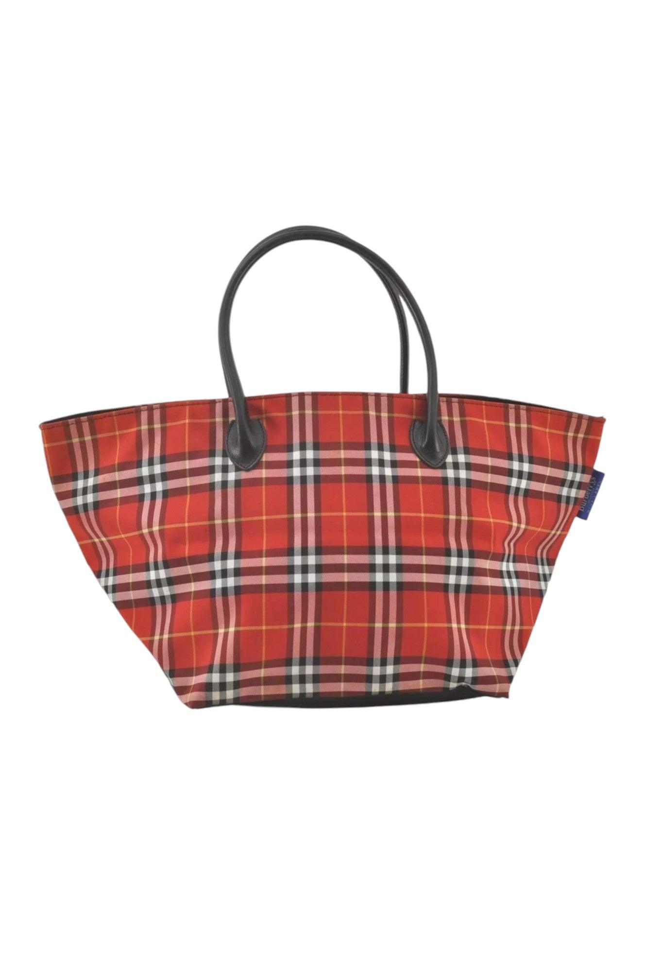 Burberry BLUE LABEL Check Shoulder Tote Bag Nylon Leather Red 9373K - Velora