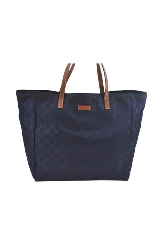 GUCCI Vintage Hand Tote Bag GG Nylon Leather Navy Blue L0937 - Velora