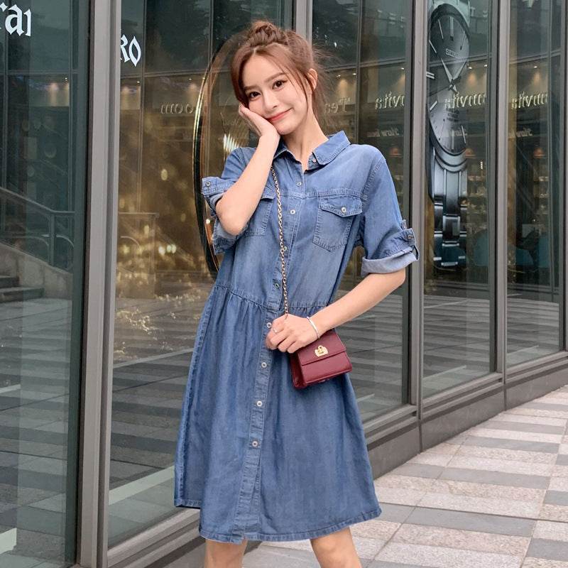 Casual Short sleeve Loose denim dress - Velora