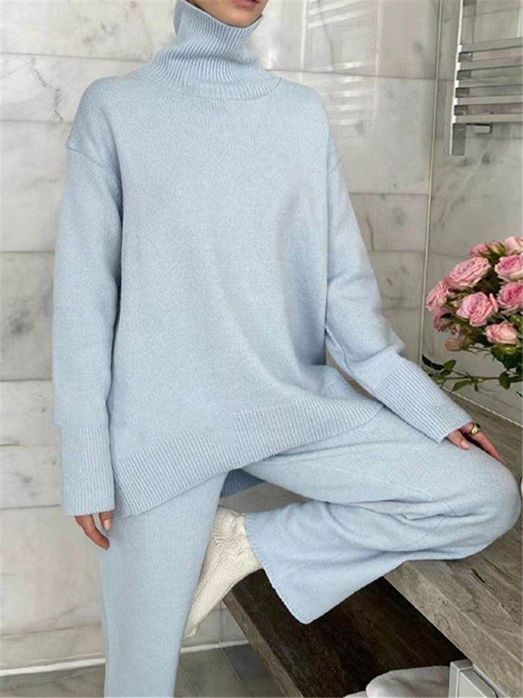2 Pieces Women Sets Knitted Tracksuit Turtleneck Sweater - Velora