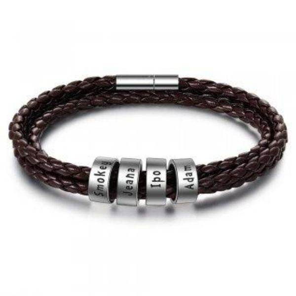 Personalized Mens Braided Genuine Leather Bracelet Stainless Steel Custom Beads Name Charm Bracelet For Men With Family Names - Velora