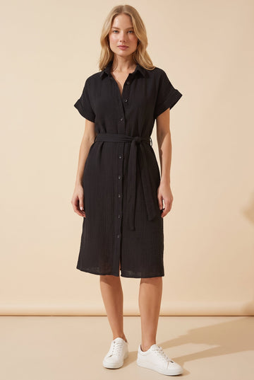 Button-Down Short Folded Sleeve Shirt Dress - Black