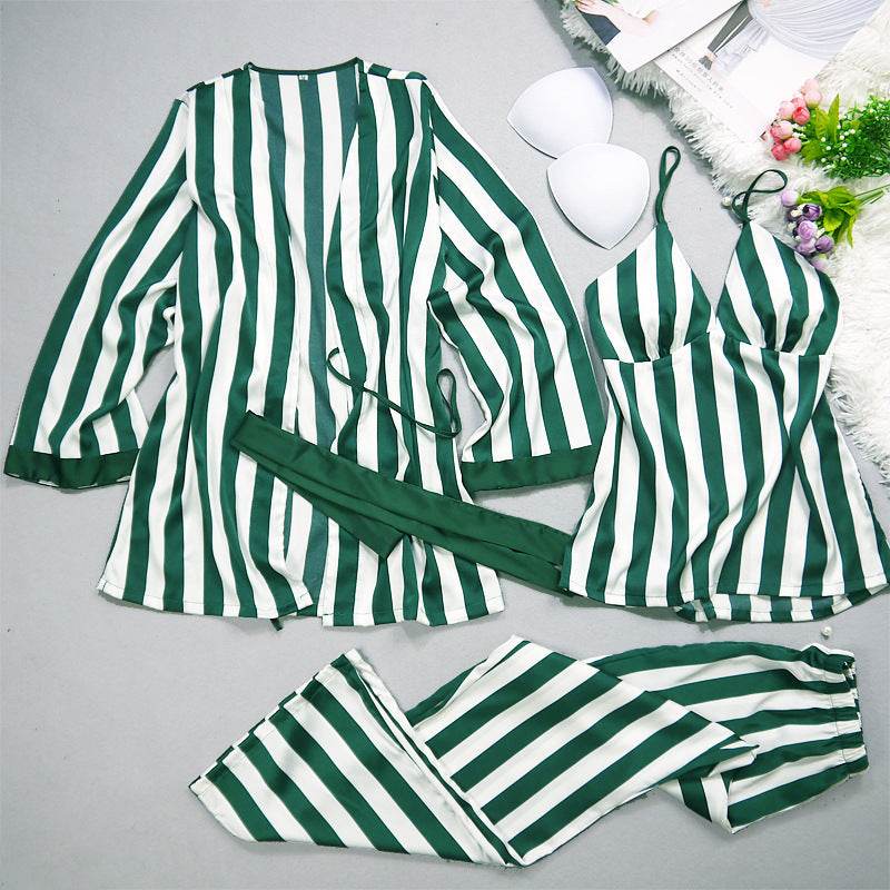 Ladies' Pajamas Summer Leisure Sexy Ice Silk Stripes, Suspenders, Trousers, Nightgowns, Three Sets Of New Silk Pajamas. - Velora