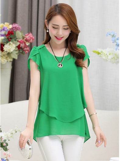 New Spring Summer Women Chiffon Loose Blouse top O-Neck Short sleeve Plus size - Velora