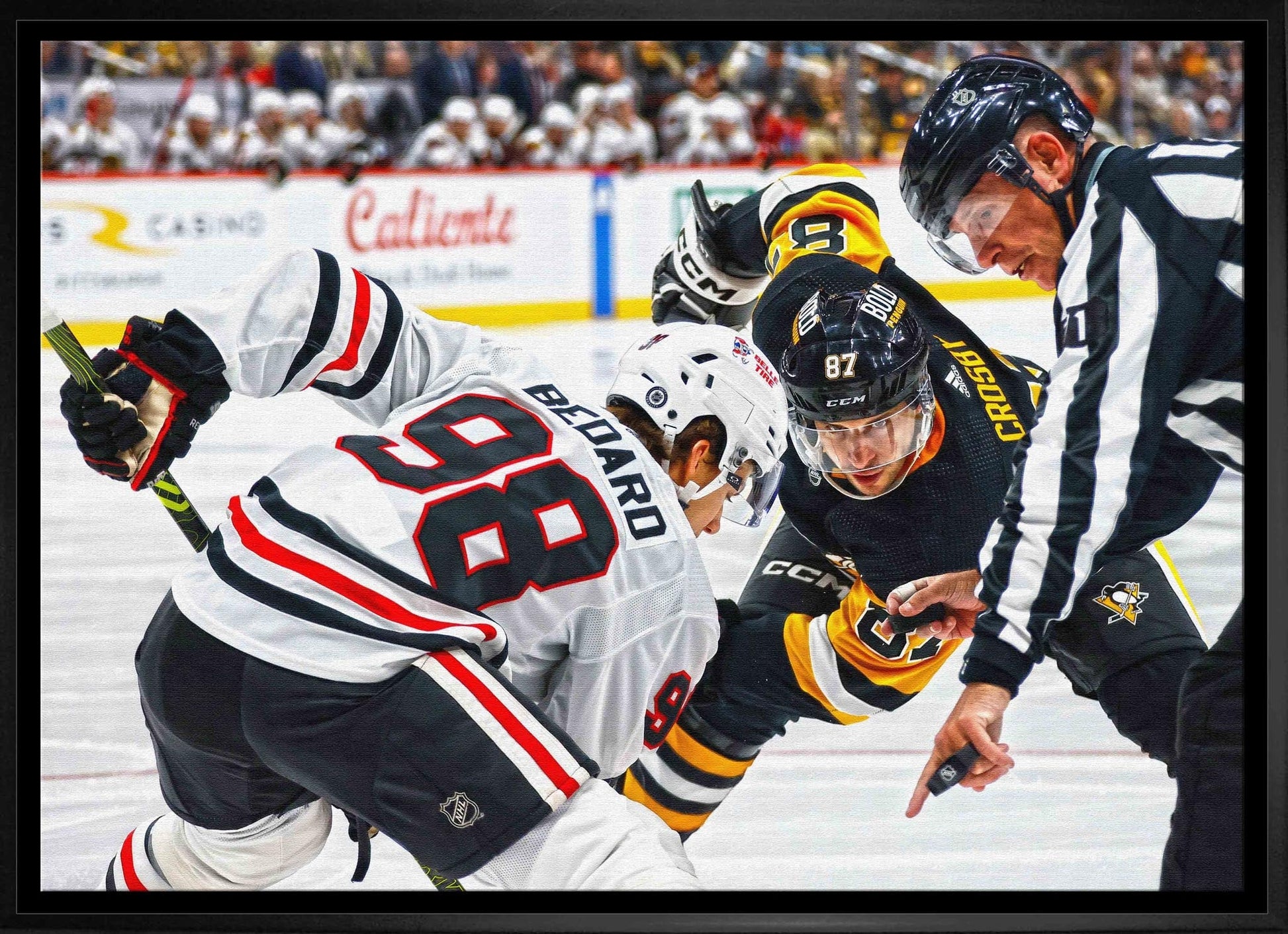 Connor Bedard 20x29 Framed Canvas Blackhawks vs Crosby Frameworth Sports Marketing