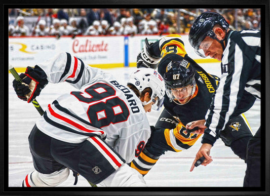 Connor Bedard 20x29 Framed Canvas Blackhawks vs Crosby Frameworth Sports Marketing