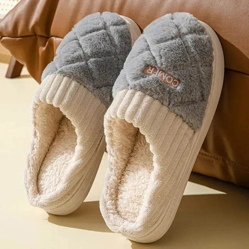 Solid Rhombic Letter Home Slippers Winter Warm Non-slip Floor Bedroom Plush Slipper For Couple House Shoes Women Men - Velora