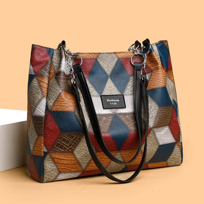 Retro Geometric Pattern Color-matching Shoulder Bag Fashion Large Capacity Stitching Handbag For Women Totes - Velora