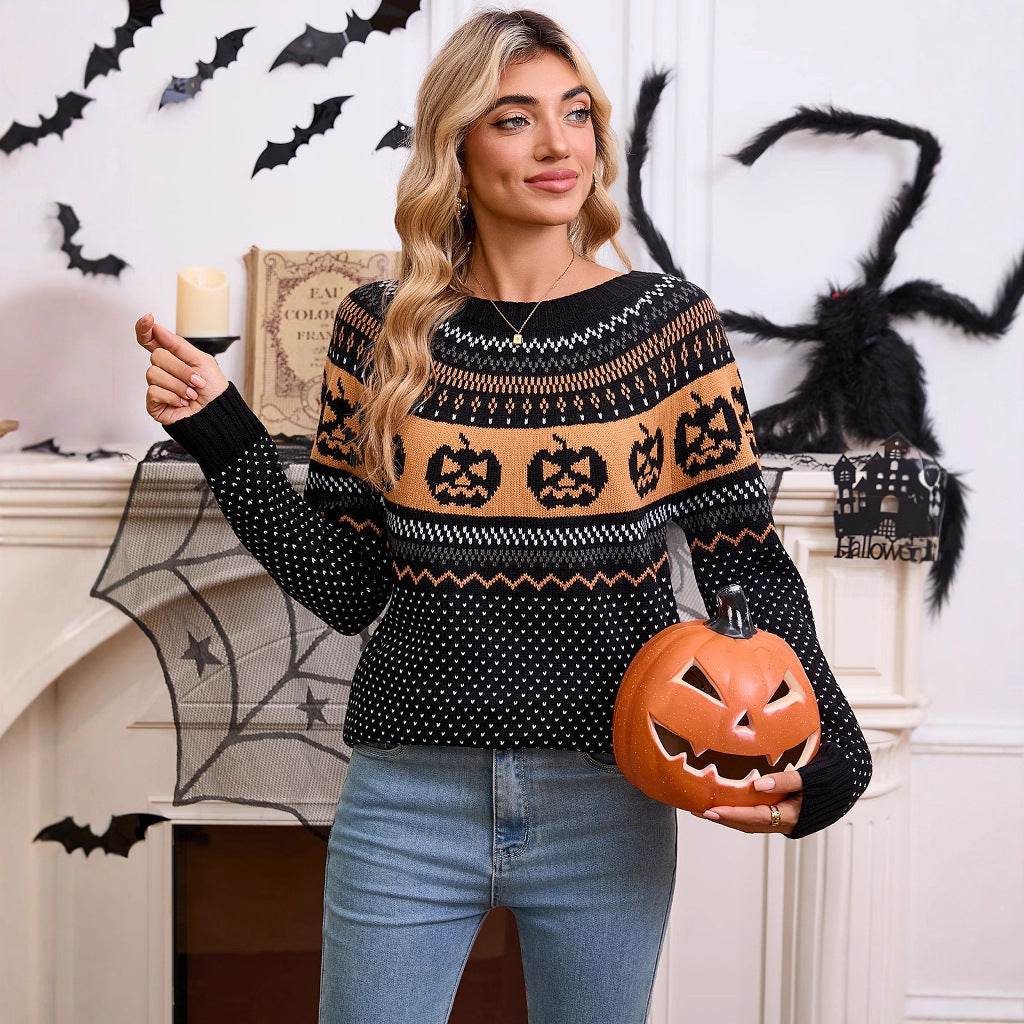 Women's Halloween Pumpkin Embroidered Retro Long-sleeved Sweater - Velora