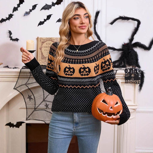 Women's Halloween Pumpkin Embroidered Retro Long-sleeved Sweater - Velora