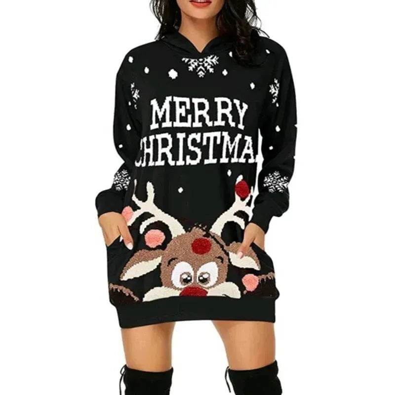 Christmas hot sale printed mid-length pocket hooded long-sleeved sweater - Velora