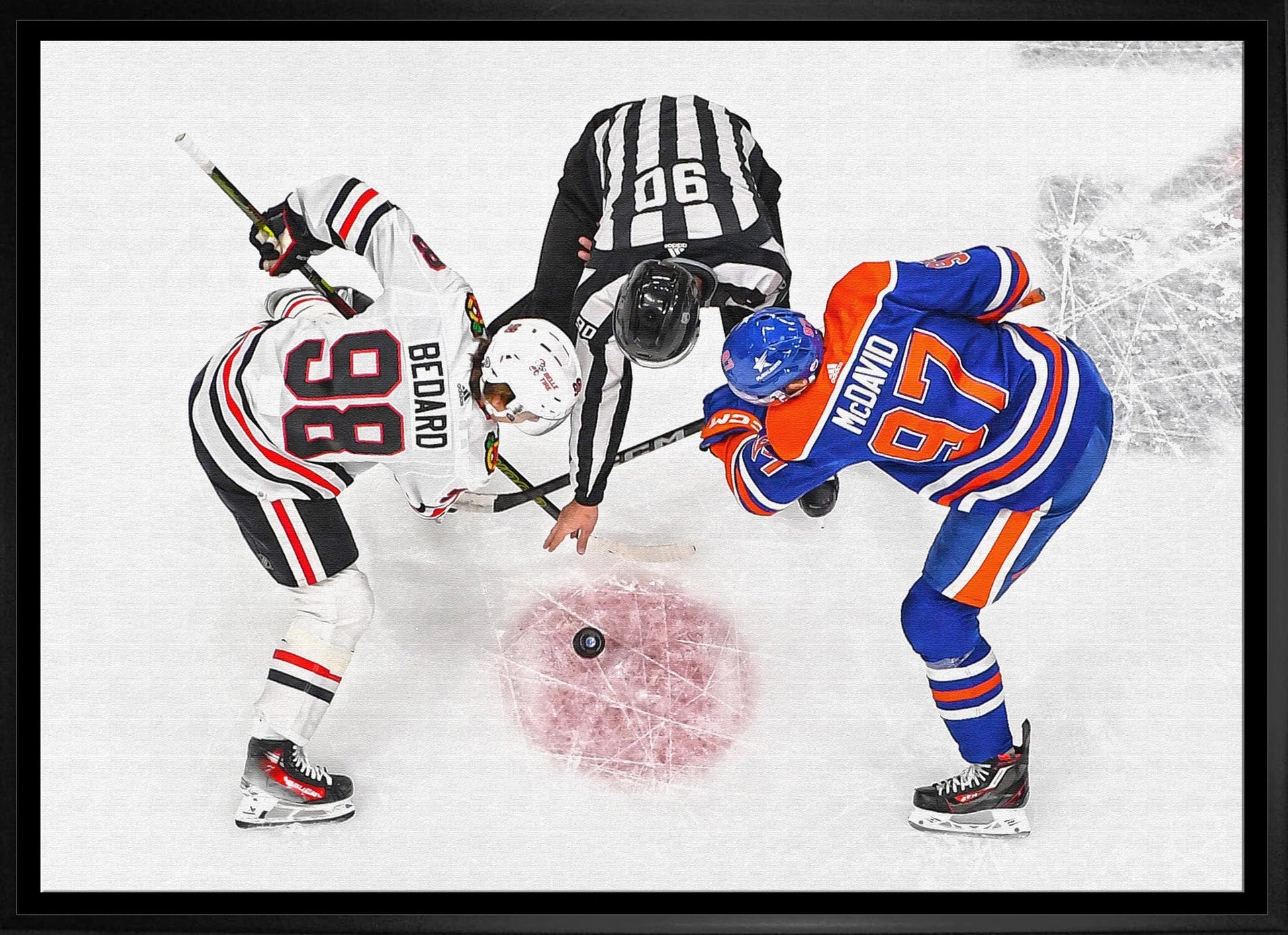 Connor Bedard and Connor McDavid 20x29 Framed Canvas Blackhawks Frameworth Sports Marketing