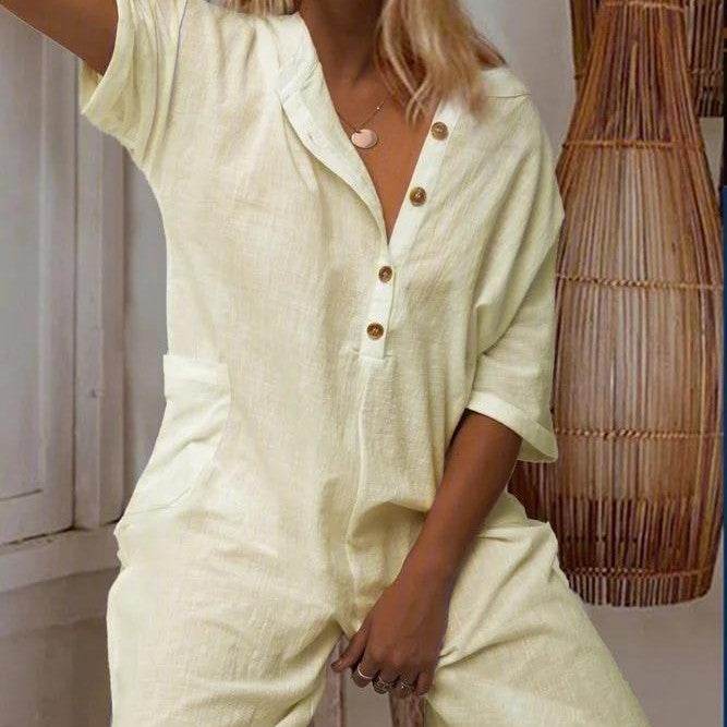 European And American Women's Lapel Cotton Linen Jumpsuit - Velora