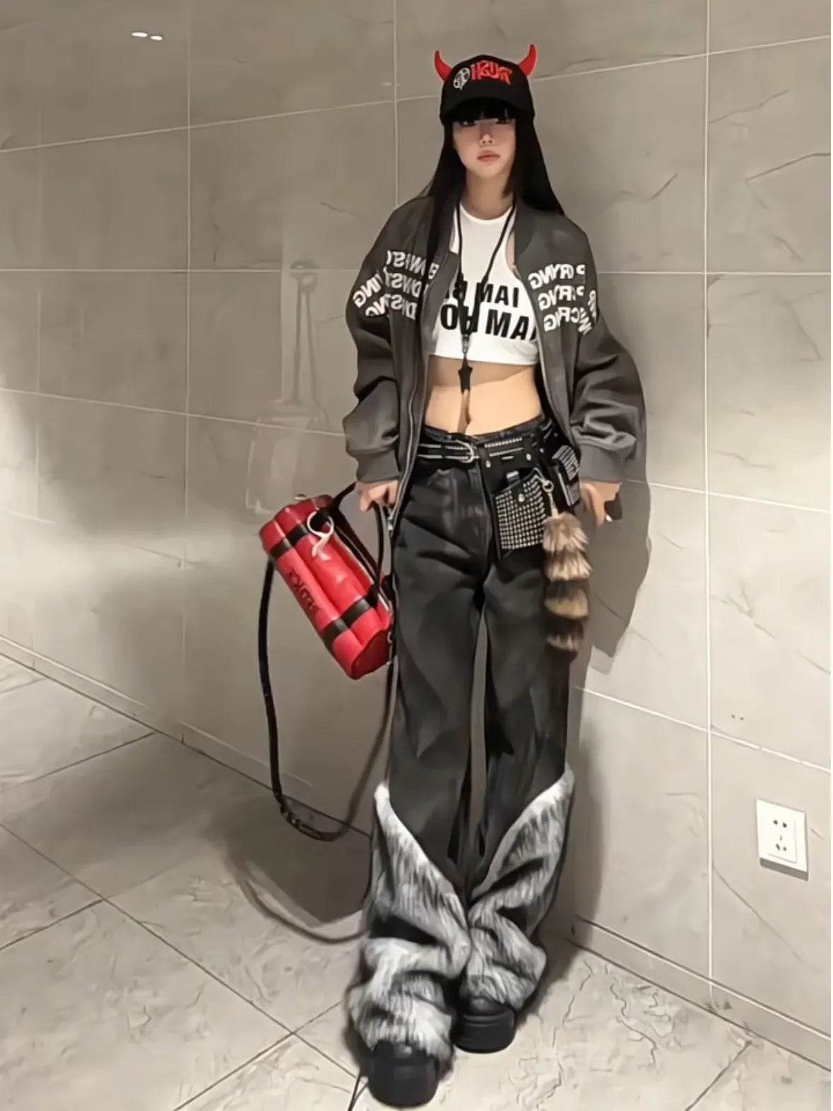 Retro Distressed Pants Leg Stitching Edging Skinny Baggy Jeans Pant For Women - Velora