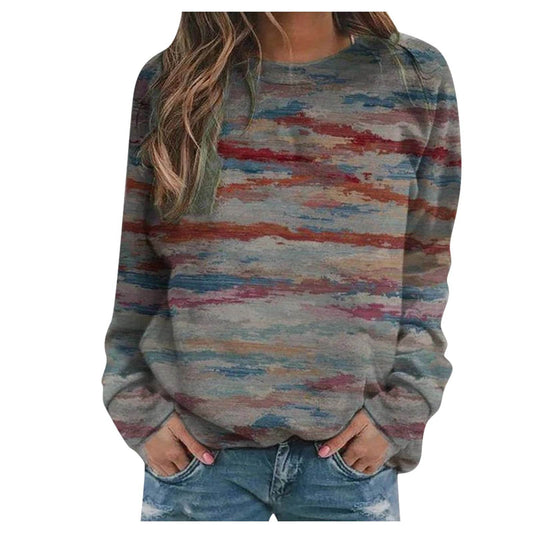 Rendering printed women's long-sleeved loose round neck sweater women - Velora