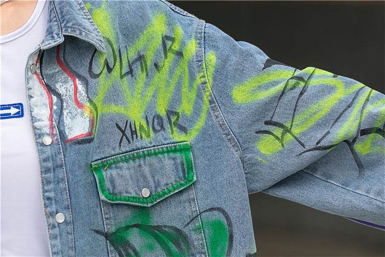 Oversized Graffiti Print Denim Jacket Women Loose Fried Street fashion - Velora
